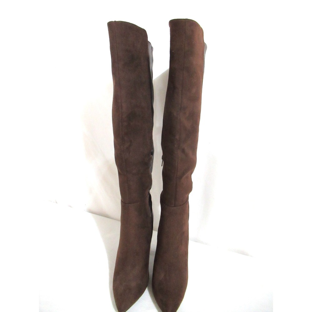 ShoeDazzle Tareena Size 37.5 (7.5) Brown Fauxe Leather/Suede Stacked Heel Boots - Picture 2 of 10